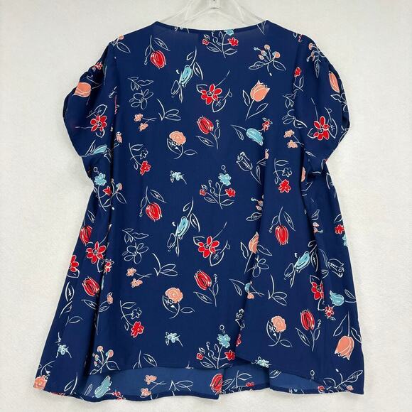 Modcloth Blouse Top Semi Sheer Cap Sleeve Covered Buttons Blue Floral Size 1X - Picture 8 of 12